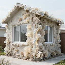 realistic product photo of a the exterior of a house covered in shriveling dead semi - translucent iridescent coral reef, emitting aura, the lighter is designed by dieter rams, 1 9 6 0, life magazine photo, natural colors, metropolitan museum, kodak, 8 k, very detailed, high resolution, product photo,
