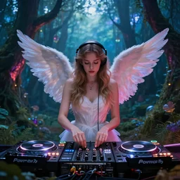 angelic dj playing turntables in a rave party at a magical forest