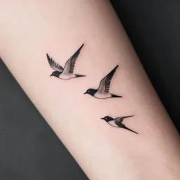 a simple tattoo design of minimalist flying birds, by bacht, black ink, logo, line art