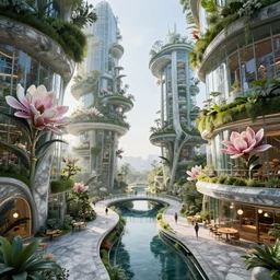 biophilic futuristic scifi suspended city gardens architectural landscape, fluid flowers, porcelain, beautiful morning light, canal bridge paths pedestrian cafes, interior cinematic composition, granite marble, nebula magnolia, water, glass walls, metallic, grass, modular buildings, foliage, vincent callebaut composition, 8 k, unreal engine, hdr