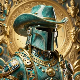 pfp ceramic portrait dark bounty hunter cyberpunk cowboy in tribal regalia, an idea seep's into infinity highly detailed in volumetric latent space, golden turquoise, cinematic light, sharp focus, divine realm of gods, octane render,