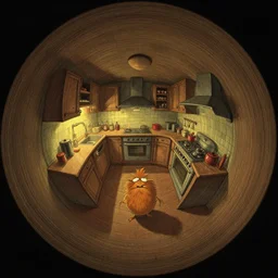 fisheye spiral lines, naive nerikomi, weird perspective, extra narrow, detailed illustration of a kitchen dimly lit by rhads from lorax movie, trending artstation, wood texture