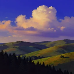 rolling hills at dusk at the forest edge with big puffy clouds. strong shadows. deep colorful soft gradients, and translucence. pre - 2 0 0 0 s era. vintage computer art, early computer graphics. by stanislaw fernandes and eyvind earle