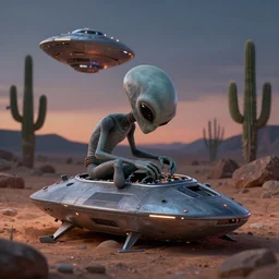 a sad Roswell grey alien trying to repair his crashed burning spacecraft in the desert, crashed UFO, crashed Flying Saucer, cactus and rocks in the background, dusk, featured on zbrush central, hurufiyya, zbrush, polycount, airbrush art