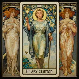 a dramatic ethereal epic symmetrical painting of a handsome hilary clinton | tarot card, art deco, art nouveau, steampunk, realistic | by louis comfort tiffany and alphonse mucha | trending on artstation