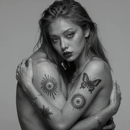 Hot young woman, grey skin, void eyeballs, tattoos, hugging someone to her chest concept art, 8k