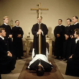 a 1960 photo of demoniac exorcism,room
