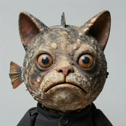 photographic portrait of a wrinkly sad anglerfish cat puppet face, by max ernst and alfred pellan