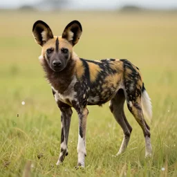 an african wild dog on the african plains, friendly, 4 legs, long grass, sparkling water, glistening, hyper realistic, hyper detailed, digital art, trending in artstation, cinematic lighting, studio quality, smooth render, unreal engine rendered, octane rendered, by paul lehr