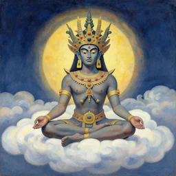 warrior of quetzalcoatl meditating in the clouds, in the style of peter mohrbacher