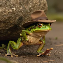 a frightened frog running from a boulder wearing a hat like indiana jones