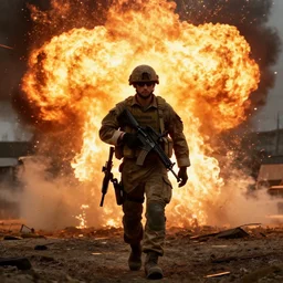 a single soldier holding an m4 walking toward the camera with a massive fiery explosion behind him, cinematic lighting, hdr, gritty in the style of the movie lone survivor