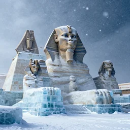 a very windy and cold place, everything is made out of ice, ancient egypt, snowing, cinematic lighting