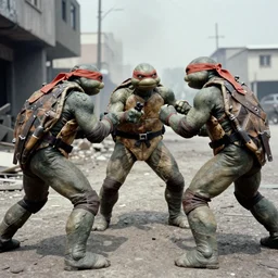 teenage mutant hero turtles fighting in the Vietnam War, analog photograph, gritty, 1967