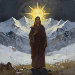 sun priest of the snowy mountains. oil painting by underground comic book artist, chiaroscuro, bokeh, backlighting, field of depth, safe for work
