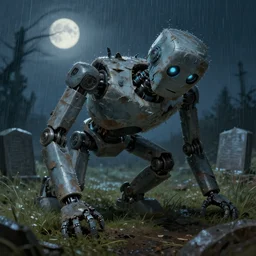 a smashed robot in dirty torn rags, a skinte arm climbs out of the ground, night, rain, moonlight, cemetery, highly detailed, digital painting, artstation, sharp focus, illustration,