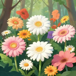 digital illustration of a forest of giant multi - colored gerber daisy megaflowers by dr. seuss, reimagined by ilm and beeple : 1 | megaflora, spectral color, electric color, rolling hills : 0. 9 | fantasy : 0. 9 | unreal engine, deviantart, artstation, hd, 8 k resolution : 0. 8