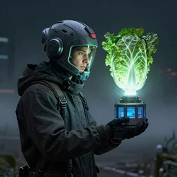 man with futuristic helmet recharges energy through a cabbage that connect the helmet to an energy generator, out at night,, fog, detailed rendering, atmospheric light, inspired by Simon Stålenhag, vray, artstation , octane render, maxwell render, photorealistic, detail