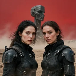 cinestill 5 0 d photographic portrait of two loving female androids wearing rugged black techwear on a desolate plain with a red sky in front of a brutalist sculpture, extreme closeup, cyberpunk style, dust storm, 8 k, hd, high resolution, 3 5 mm, f / 3 2, ultra realistic faces, ex machina