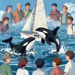 highly detailed illustration of an orca attacking a sailboat in the middle of the sea by makoto shinkai, by oliver vernon, by joseph moncada, by damon soule, by manabu ikeda, by kyle hotz, by dan mumford, by otomo, 4 k resolution