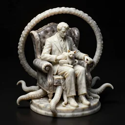 isometric view huge and very detail marble statue - howard phillips lovecraft hold the cat on the lap, man dressed suit sit in tall leather armchair, tentacle as big circle around chair, and wall darkness, cast iron material, black background, octane render, forelight, highly detailed intricate matte sharp focus digital painting artstation pixiv