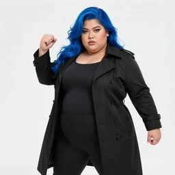 thick chubby filipina amihan superhero, beautiful detailed face, bright blue hair, long black trench coat, fully clothed, action pose, comic book style, highly detailed, dynamic shadows, dynamic lighting, geoff johns, jason fabok, jason fabok, brad anderson, splash art
