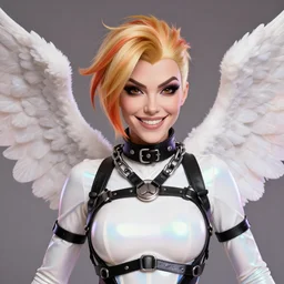 portrait bust digital artwork of tracer overwatch, wearing white iridescent rainbow latex and leather straps catsuit outfit, 4 k, expressive happy smug expression, makeup, in style of mark arian, angel wings, wearing detailed black leather collar collar collar collar, chains, black leather harness, detailed face and eyes,