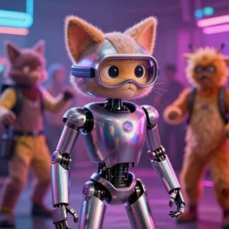 film still from the movie chappie of the robot chappie shiny metal indoor dance party neon rave scene bokeh depth of field several figures furry anthro anthropomorphic stylized cat ears head android service droid robot machine fursona