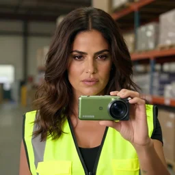 photo, close up, salma hayek in a hi vis vest, in warehouse, android cameraphone, unreal engine, 2 6 mm,