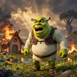 Shrek is really angry and he's screaming. His swamp and shack house is burning down. Tears are coming out of his eyes.