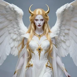 full portrait of alluring necromancer angel in paradise, white robes, golden accessories, facial features, golden hair, white skin, lipstick, symmetrical wings, high fantasy, extremely detailed, sharp focus, smooth, digital illustration, by rossdraws, franzzeta, artgerm