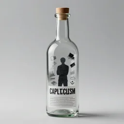 A glass bottle containing capitalism, creative interpretation, digital art, realistic