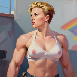 greg manchess portrait painting of scarlett johansson as thick muscular bodybuilder zarya from overwatch, wife face, medium shot, robust body, asymmetrical, profile picture, organic painting, sunny day, matte painting, bold shapes, hard edges, street art, trending on artstation, by huang guangjian and gil elvgren and sachin teng