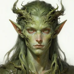 male elf druid, roots parts embedded into face, intricate, elegant, highly detailed, digital painting, trending on artstation, concept art, smooth, sharp focus, cyberpunk, illustration, art by artgerm and greg rutkowski and alphonse mucha, 8 k