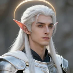closeup portrait of a young beautiful calm and pious male aasimar paladin with white hair wearing white vestments under armor, pensive and hopeful expression, by Greg Rutkowski, intricate, masterpiece, sharp, digital art, halo halo halo halo 8k