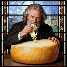 alex jones eating a large wheel of cheese, stained glass