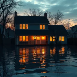my dream of flooded 1 9 5 0 s suburban house, golden hour, harsh lighting, featured on artstation