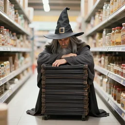 digital art of Gandalf wearing wizard hat, stacking supermarket shelves, depressing, sad