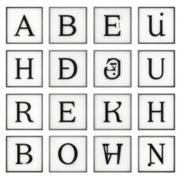 latin alphabet in square boxes, mathematical, symmetrical, grayscale, sharp