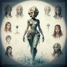 female water creature with a mask made of rock character design sheet, Moebius, Greg Rutkowski, Zabrocki, Karlkka, Jayison Devadas, Phuoc Quan, trending on Artstation, 8K, ultra wide angle, zenith view, pincushion lens effect