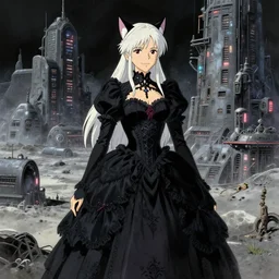 beautiful concept art of lunar cyberpunk city showing ciri from the withcer smiling with cat ears standing in a black gothic frilly dress, studio ghibli fantasy close, face drawn by yoji shinkawa, scenery drawn by greg rutkowski