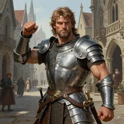 a highly detailed portrait painting of a muscular hercules in knightsarmor, poising for the camera, on an medieval gothic street, in the style of greg rutkowski and hans zatzka, digital art, sharp focus, highly realistic, octane render