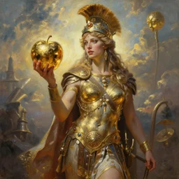 eris, discordia, holding an reflective gold!!! metal apple, in trojan war, mk 1 1, goddess of chaos, fantasy character portrait, ultra realistic, wide angle, intricate details, artifacts, luminous skies, michael cheval, peter mohrbacher, boris vallejo, jessica rossier, oil painting, highly detailed, cinematic lighting, unreal