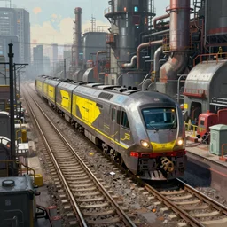 cyberpunk shockwave locomotive on railroad through cyberpunk industrial site. cyberpunk factories. cyberpunk kowloon city. rail tracks. cyberpunk industrial area. Digital render. digital painting. Beeple. Noah Bradley. Cyril Roland. Ross Tran. trending on artstation.