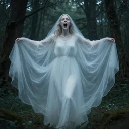 in the style of thomas kinkade, abigail larson, joshua middleton, transparent female ghost screaming, flowing dress, symmetrical face, symmetrical eyes, in the woods, moody lighting, dark fantasy
