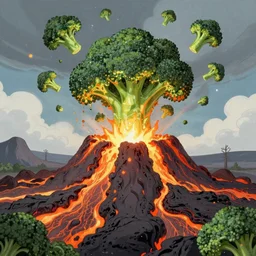 A volcanic eruption where instead of lava, broccoli pieces are spied out, fantasy art