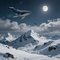 snowy mountain range, stars in sky, whales swimming in sky, digital painting, concept art, high detail, style of Jordan Grimmer, fluffy calm clouds, matte painting, high res, moon shine, volumetric, starry sky