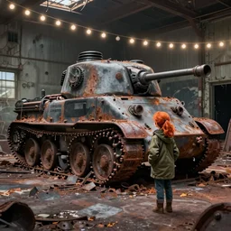 wholesome animation key shot, ultra wide, intricate, parka redhead explore abandoned rusty schwerer gustav!!!!, shinkuku, ambient occlusion, party lights, studio ghibli, pixar, disney concept art watercolor illustration by alena aenami, deep color, bloom!!! dramatic lighting, alphonse mucha, blue sky, dappled sunlight