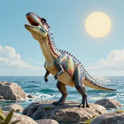 a dimetrodon!!! standing on some rocks next to the ocean, roaring, with the sun in the background, by lisa frank