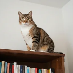 a cat perched atop a bookshelf